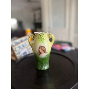 Antique Hand-Painted Portrait Vase – Double Handle Green & Yellow Lady Cameo Urn